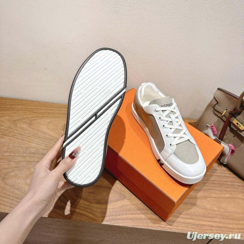 2025 Unisex Hermès White Light Grey Leather Fabric Sneakers AS00380
