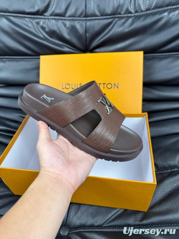 2025 Men Louis Vuitton Brown Leather Slippers AS00170