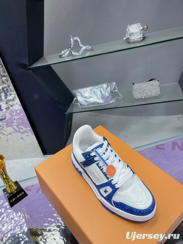 2025 Unisex Louis Vuitton Blue White Leather Plimsolls Handcrafted Beaded AS00400