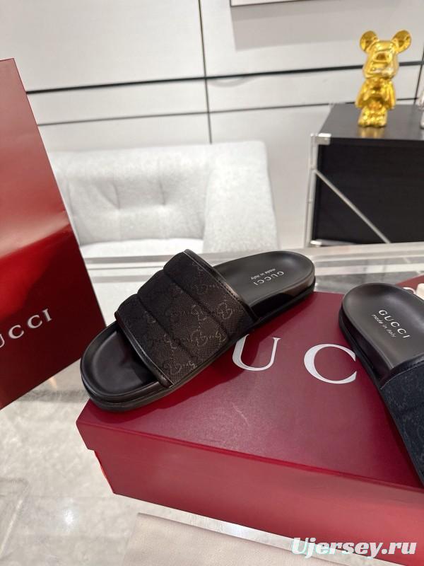 2025 Unisex Gucci Black Fabric Slippers GG Embossed AS00240