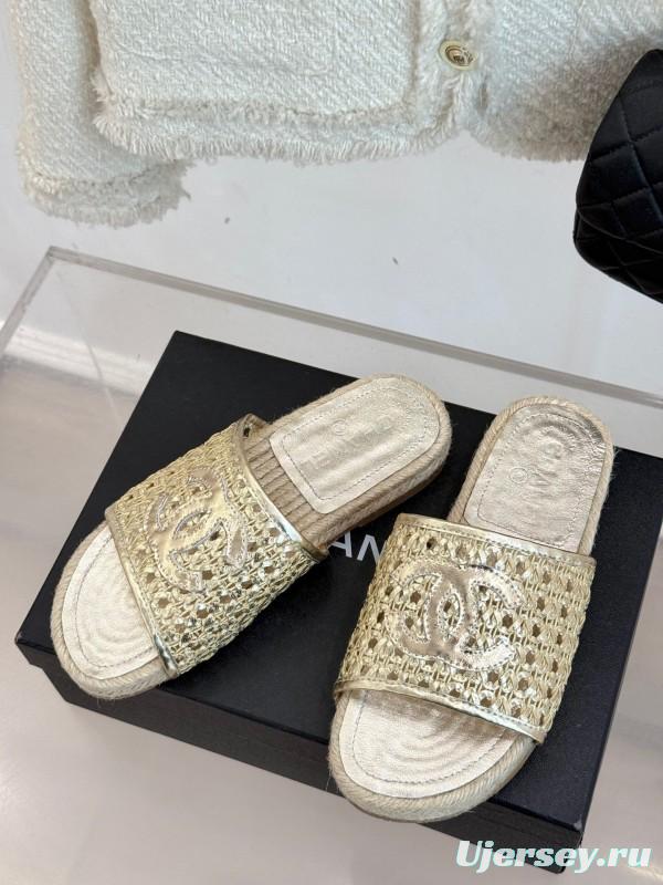 2025 Women Chanel Beige Custom Material Rope Sole Slippers Big CC Hollow Weave KFY00240