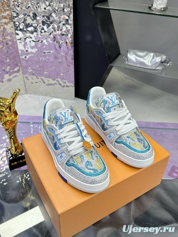 2025 Unisex Louis Vuitton Blue Yellow White Leather Denim Plimsolls Handcrafted Rhinestone AS00400