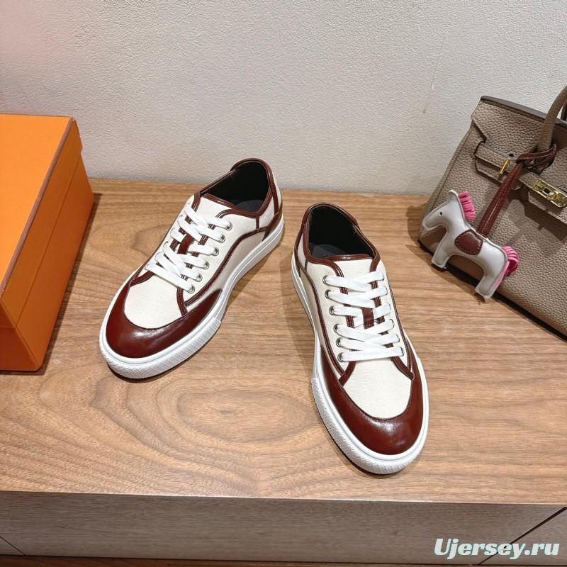 2025 Unisex Hermes Brown White Fabric Leather Sneakers AS00380