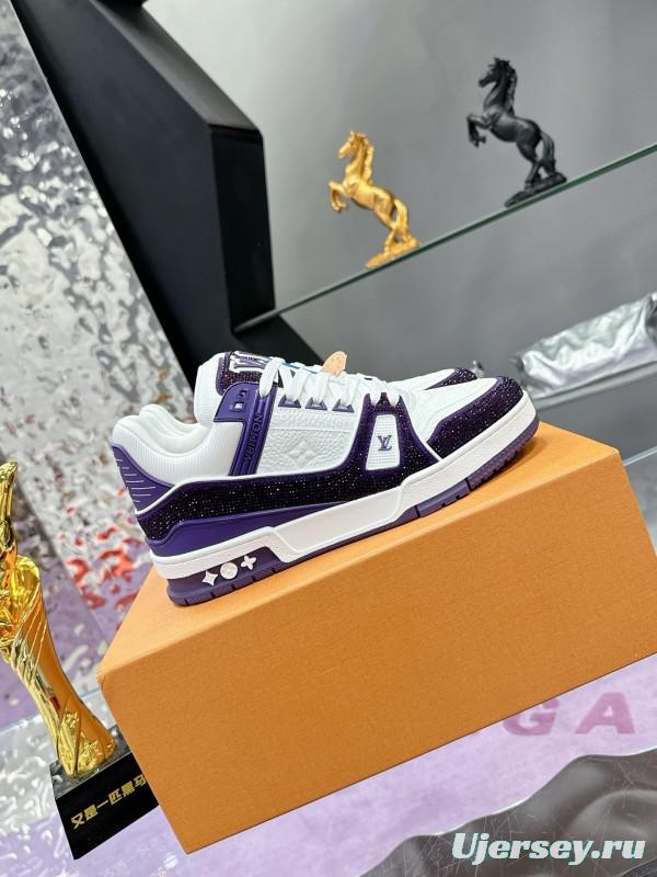 2025 Unisex Louis Vuitton White Purple Leather Denim Plimsolls Handmade Beaded AS00400