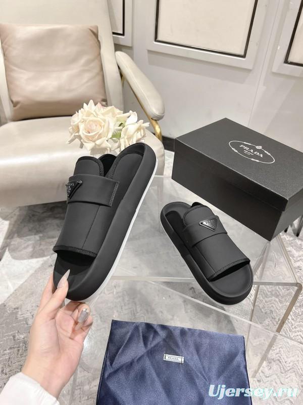 2025 Men Prada Black Leather Slippers KFY00220