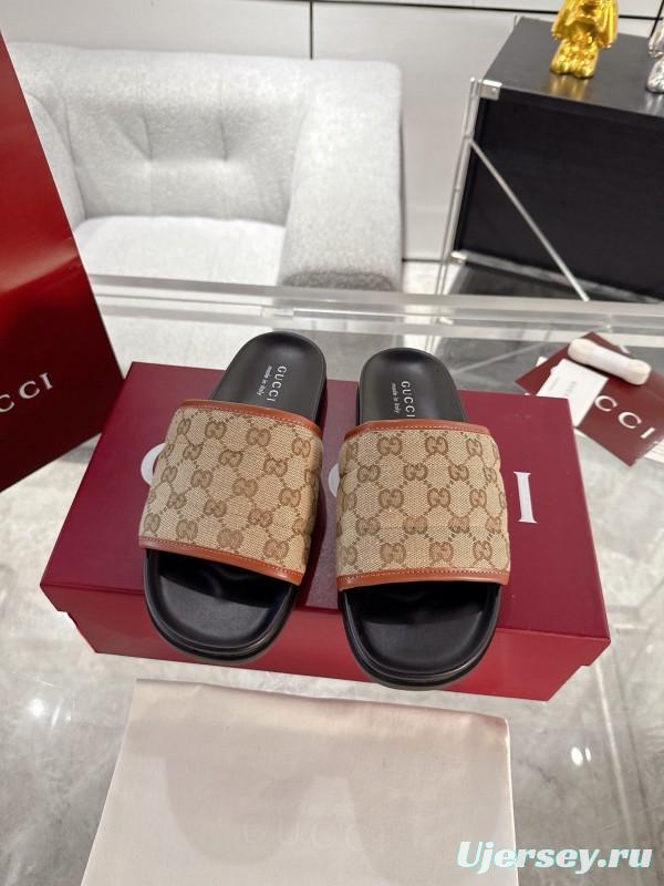 2025 Unisex Gucci Beige Brown Canvas Leather Slippers GG Embossed AS00240
