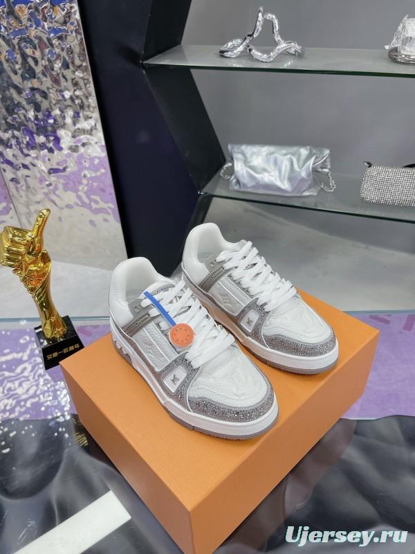 2025 Unisex Louis Vuitton White Silver Leather Fabric Plimsolls Handcrafted Crystals AS00400