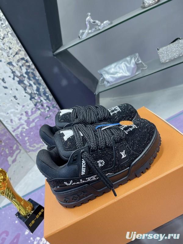 2025 Women Louis Vuitton Black Crystal Trainer Leather Plimsolls Bing Bing AS00420