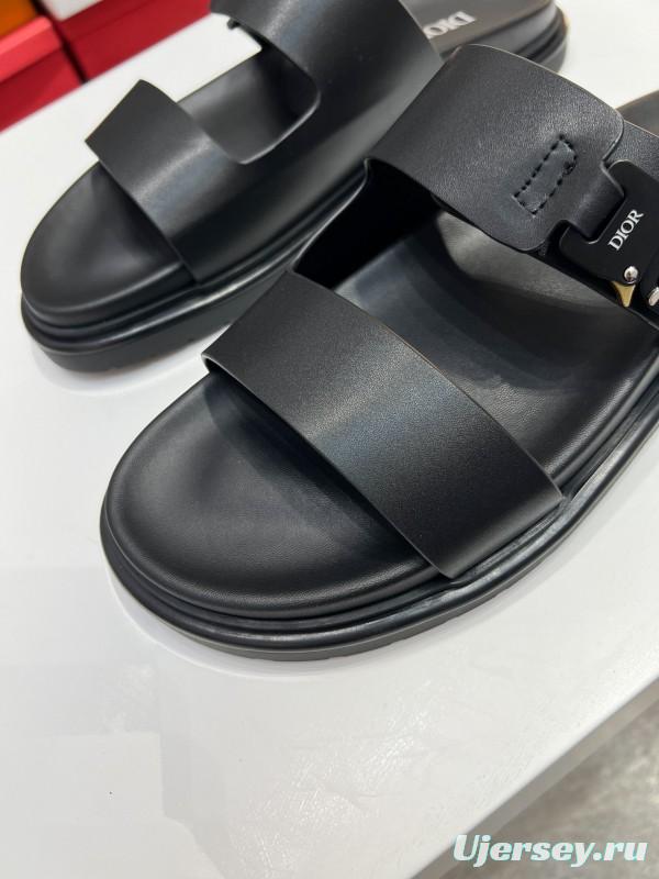 2025 Men Dior Black Leather Slippers Metal CD Diamond AS00190