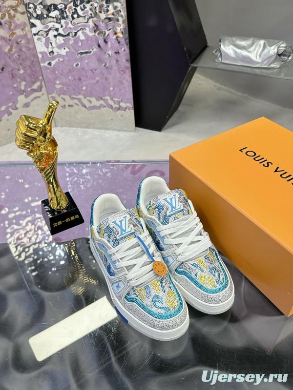 2025 Unisex Louis Vuitton Blue Yellow White Leather Denim Plimsolls Handcrafted Rhinestone AS00400