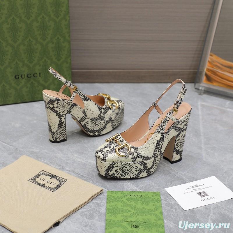 2025 Women Gucci Beige Black Leather Platform High Heels KFY00320