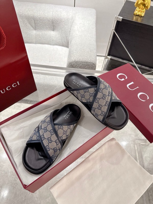 2025 Unisex Gucci Grey Black Canvas Slippers Double G Embossed AS00240
