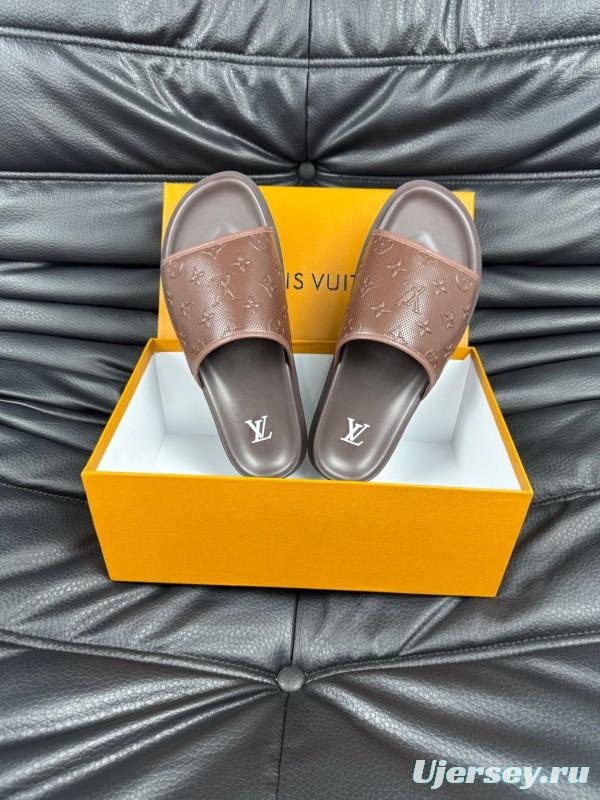 2025 Men Louis Vuitton Brown Leather Slippers AS00170