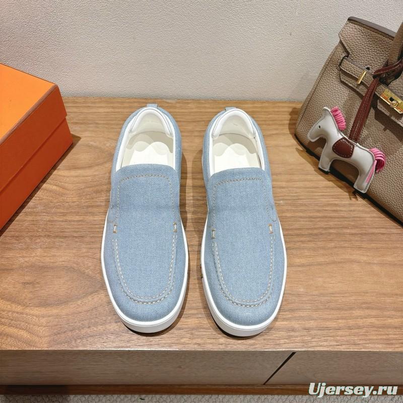 2025 Unisex Hermès Light Blue Canvas Leather Loafers AS00380
