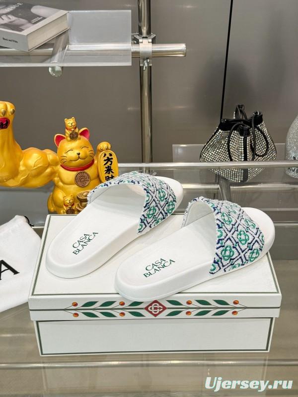 2025 Men CASA BLANCA White Green Blue Embroidered Leather Slippers KFY00160