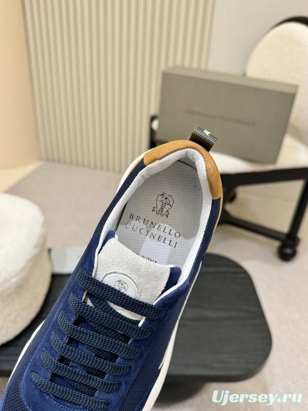 2025 Men Brunello Cucinelli Navy White Brown Calfskin Leather Sneakers AS00320