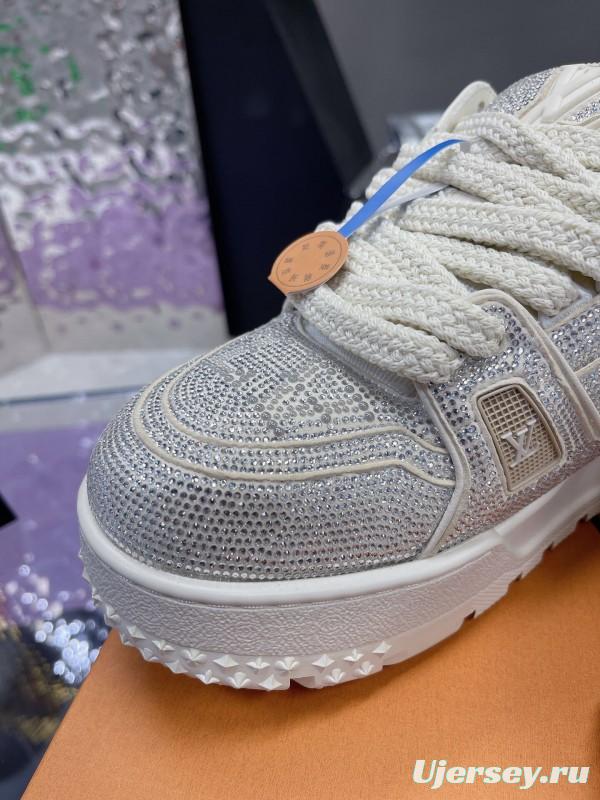 2025 Unisex Louis Vuitton White Crystal Leather Plimsolls Bing Bing AS00420