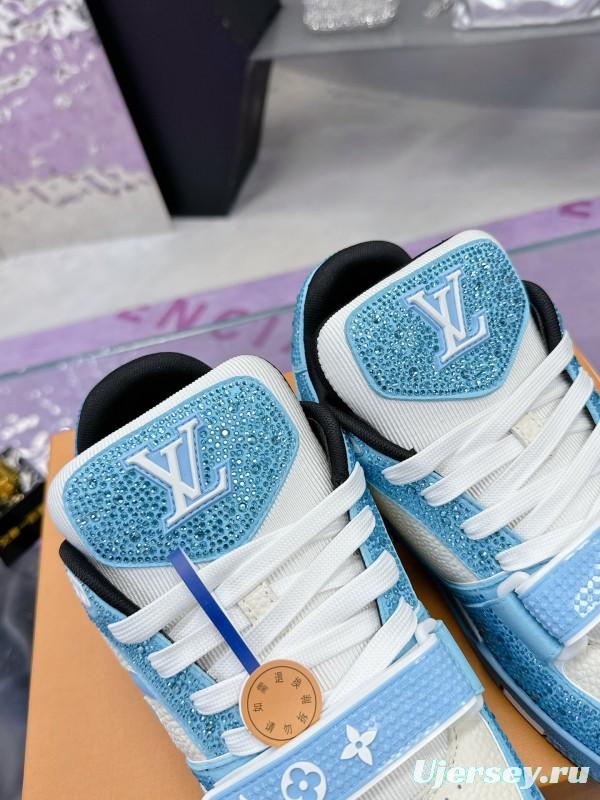 2025 Unisex Louis Vuitton Blue White Leather Denim Plimsolls Beaded LV Trainer AS00400