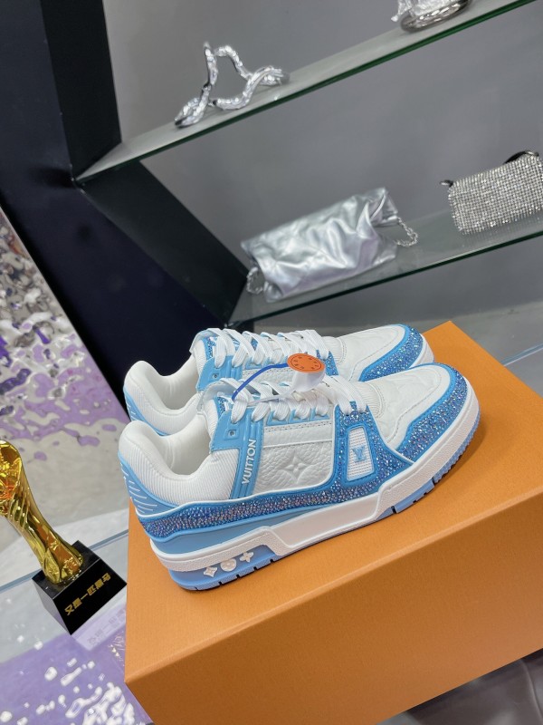 2025 Unisex Louis Vuitton Light Blue White Leather Denim Plimsolls Hand Drilled AS00400