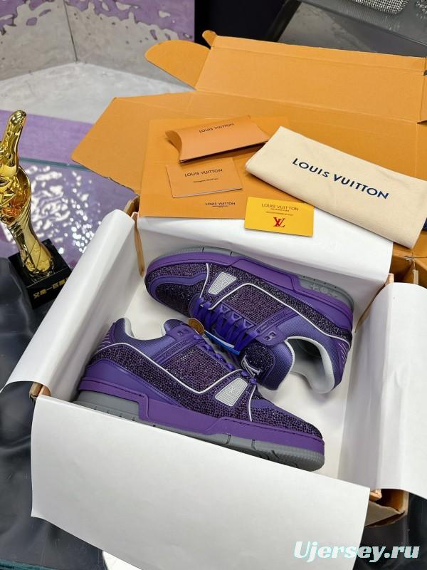 2025 Women Louis Vuitton Purple Blue Leather Plimsolls Handcrafted Rhinestone AS00400