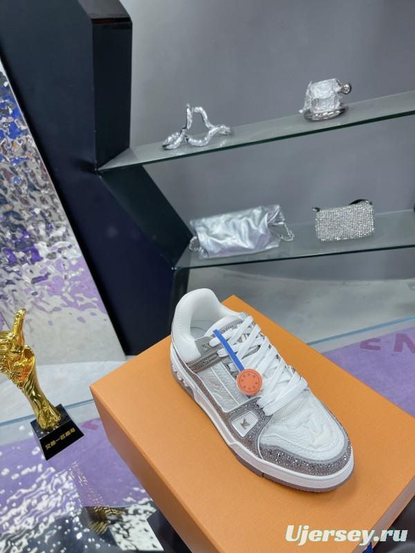 2025 Unisex Louis Vuitton White Silver Leather Fabric Plimsolls Handcrafted Crystals AS00400
