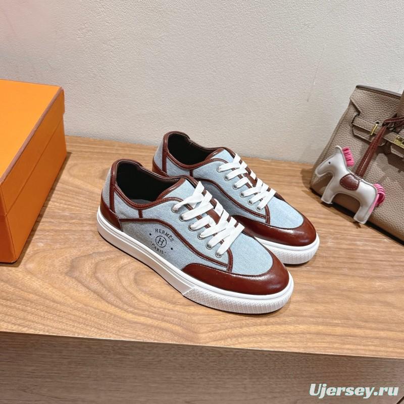 2025 Unisex H Brown Blue Leather Knit Sneakers AS00380