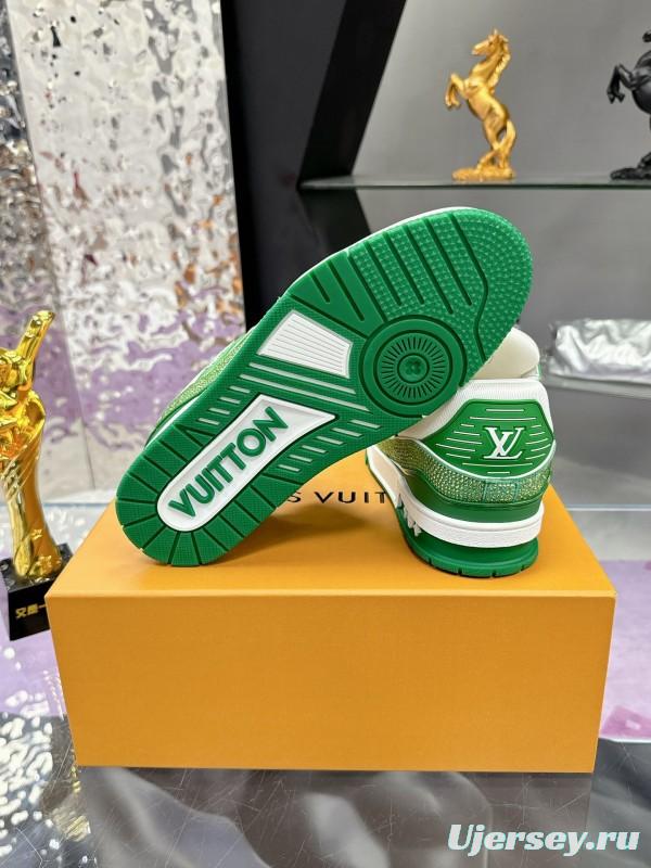 2025 Unisex Louis Vuitton Green White Leather Canvas Plimsolls Handcrafted Diamonds AS00400