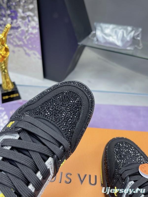 2025 Unisex Louis Vuitton Black Grey Yellow Leather Fabric Plimsolls Handcrafted Rhinestone AS00400