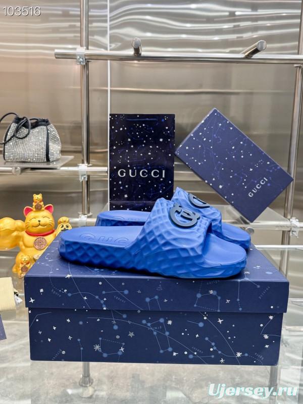 2025 Men Gucci Blue Rubber Slippers Interlocking G KFY00170