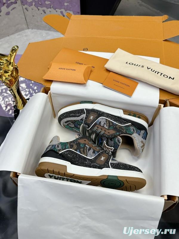 2025 Unisex Louis Vuitton Blue Grey Black Leather Fabric Sneakers Handcrafted Crystals AS00400