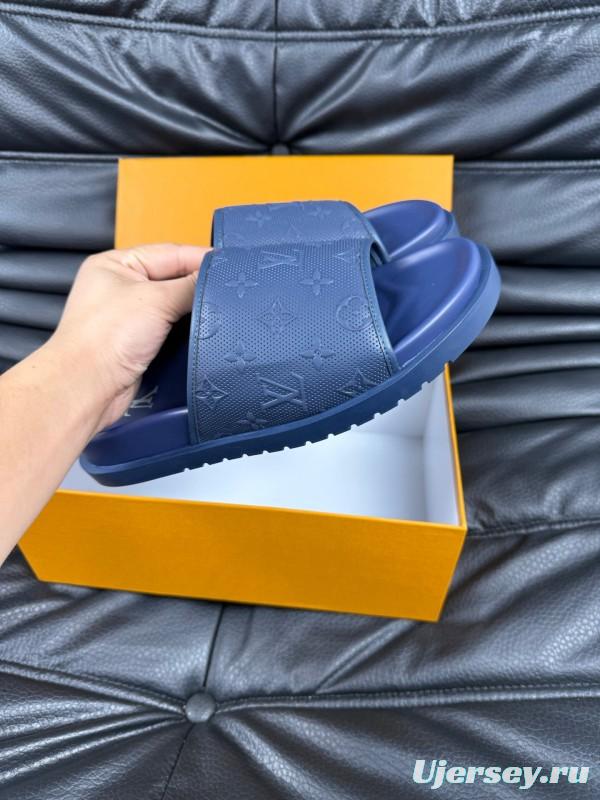 2025 Men Louis Vuitton Blue Leather Slippers AS00170