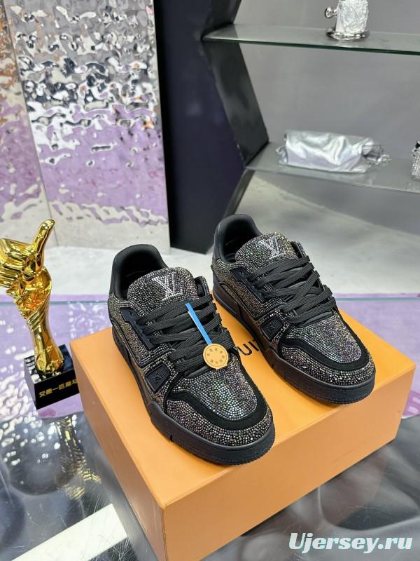 2025 Unisex Louis Vuitton Black Handmade Rhinestone Leather Fabric Plimsolls LV Trainer AS00400