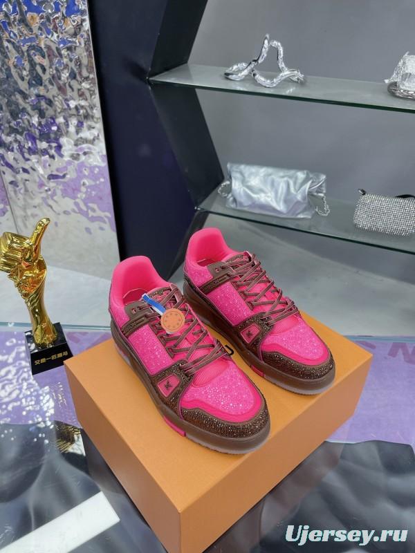 2025 Unisex Louis Vuitton Pink Brown Leather Canvas Plimsolls Handcrafted Crystals AS00400
