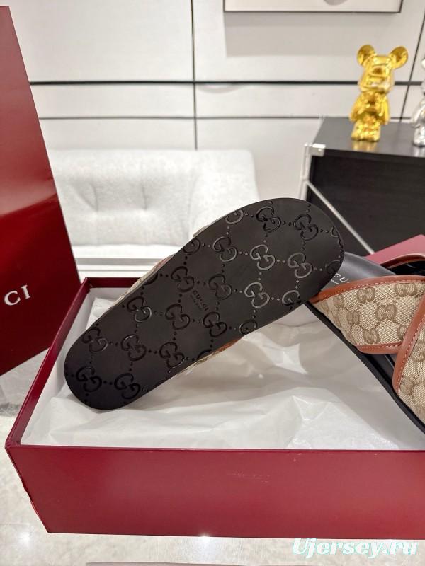 2025 Unisex Gucci Beige Brown Canvas Leather Slippers Double G Embossed AS00240