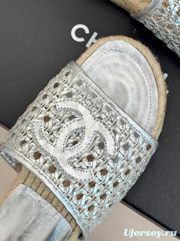 2025 Women Chanel Silver Leather Woven Fisherman Slippers KFY00240