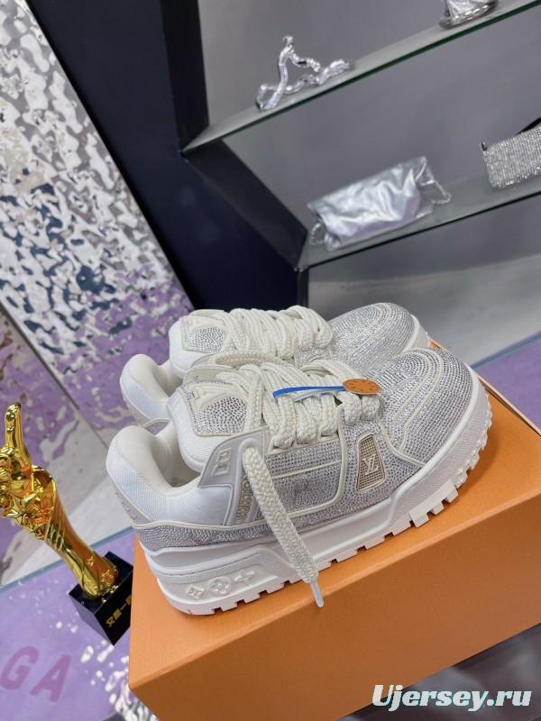 2025 Unisex Louis Vuitton White Crystal Leather Plimsolls Bing Bing AS00420