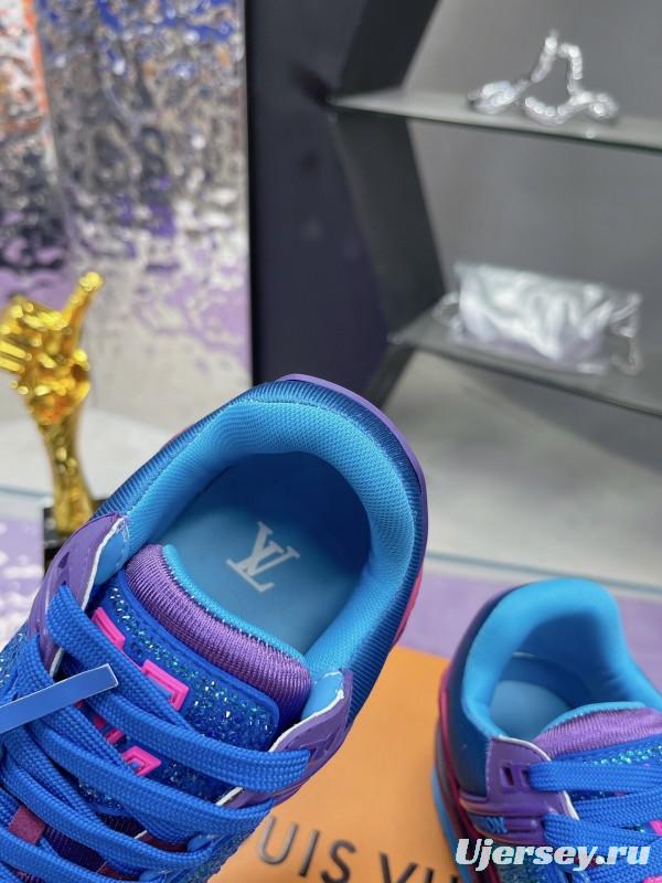 2025 Women Louis Vuitton Blue Purple Leather Fabric Plimsolls Handcrafted Rhinestones AS00400