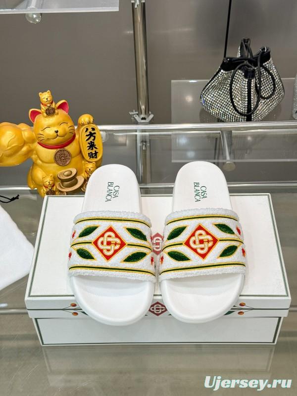 2025 Men CASA BLANCA White Green Red Embroidered Leather Slippers KFY00160