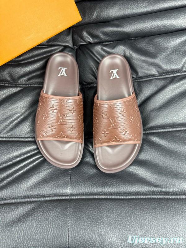 2025 Men Louis Vuitton Brown Leather Slippers AS00170