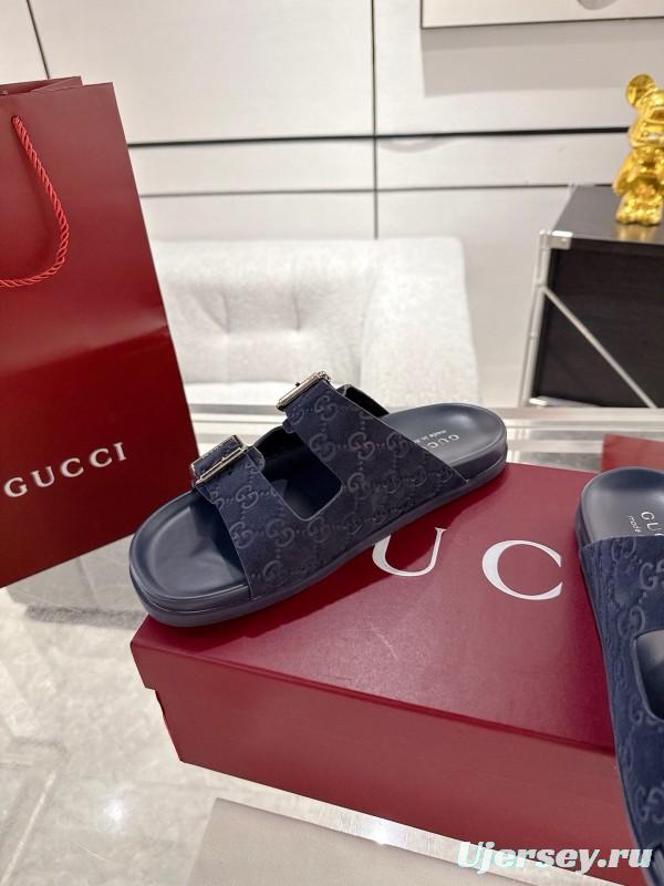 2025 Unisex Gucci Black Leather Fabric Slippers Double G Embossed AS00240