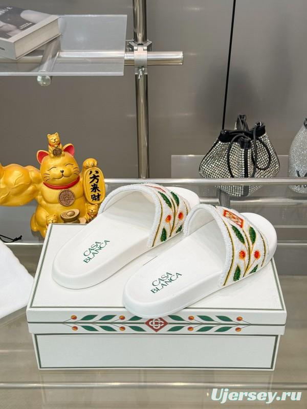 2025 Men CASA BLANCA White Green Red Embroidered Leather Slippers KFY00160