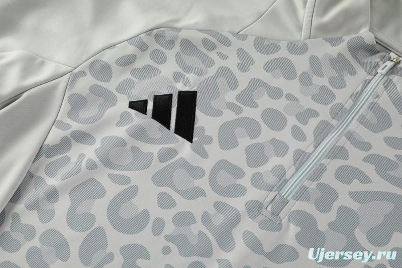 2025 Adidas Light Grey & Black with Leopard Print Pattern Half Zipper Jacket +Long Pants