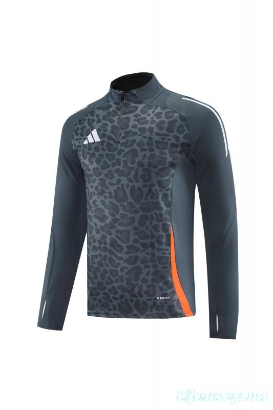 2025 Adidas Dark Grey & Black with Leopard Print Pattern and Orange Accents Half Zipper Jacket +Long Pants