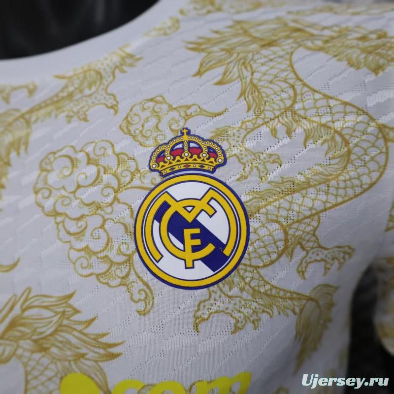 Player Version 25/26 Real Madrid White with Golden Dragon Pattern Jersey