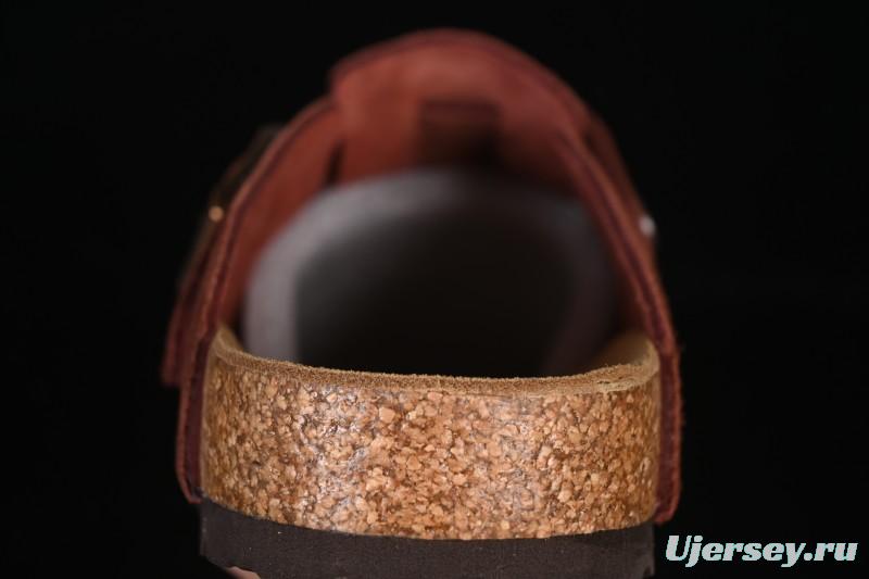 Birkenstock Sandals Series with Soft Leather Upper and Cork Rubber Midsole - Red Wine