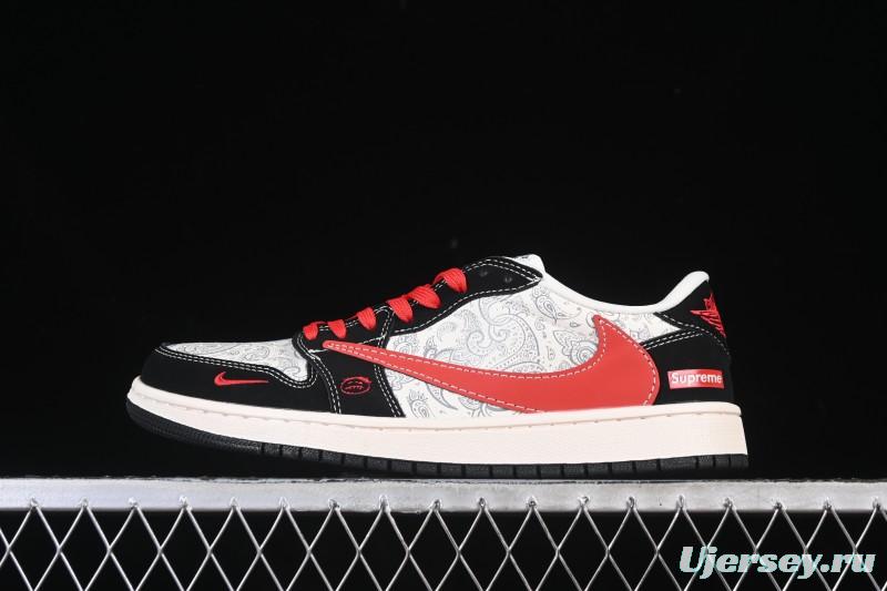 Nike Travis Scott x Fragment Design x Air Jordan 1 Low OG SP AJ1 Supreme Collaboration Floral Carving Red Hook Low-top Casual Sneakers - LD2025-035
