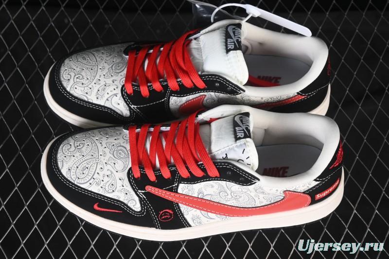 Nike Travis Scott x Fragment Design x Air Jordan 1 Low OG SP AJ1 Supreme Collaboration Floral Carving Red Hook Low-top Casual Sneakers - LD2025-035