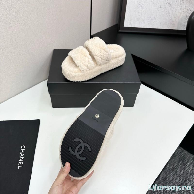 Chanel 2025 SS New Autumn Winter Lazy Sheep Genuine Wool Lazy Slippers Chanel Quilted Thick Sole Fur Slides - LY00300