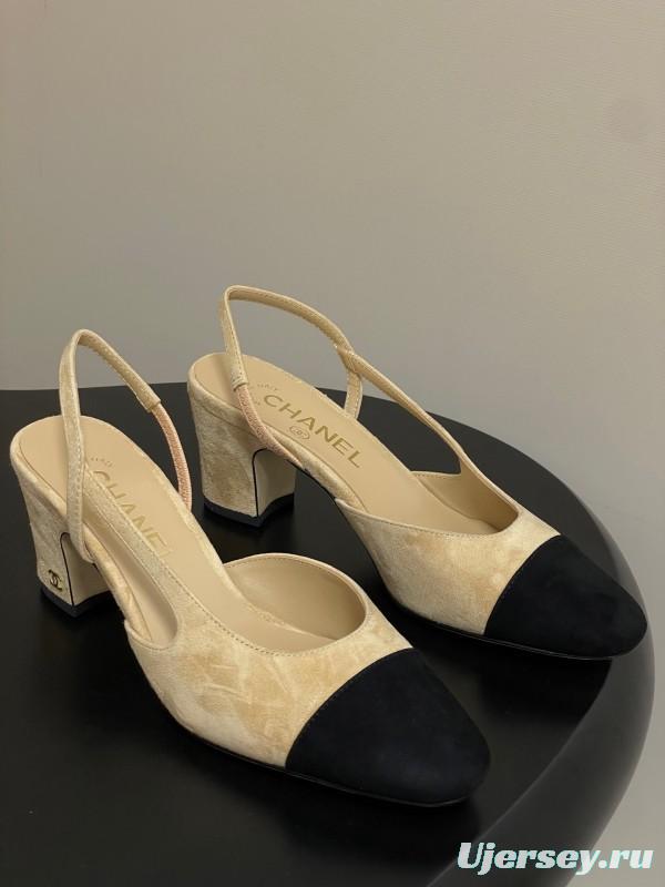 Chanel Sling-back Two-Tone Suede Slingback Sandals Flat/Block Heel - KFY00280