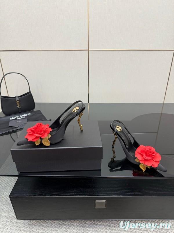 Saint Laurent 2025 SS Rose Thorn High Heels with Sculptural Gold Heel - KFY00320